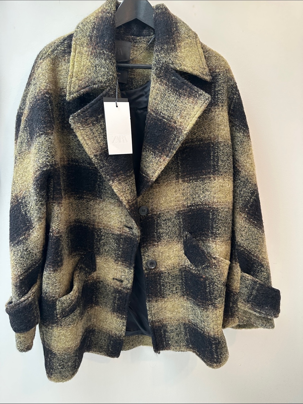 ZARA Black and Olive Plaid Pea Coat
